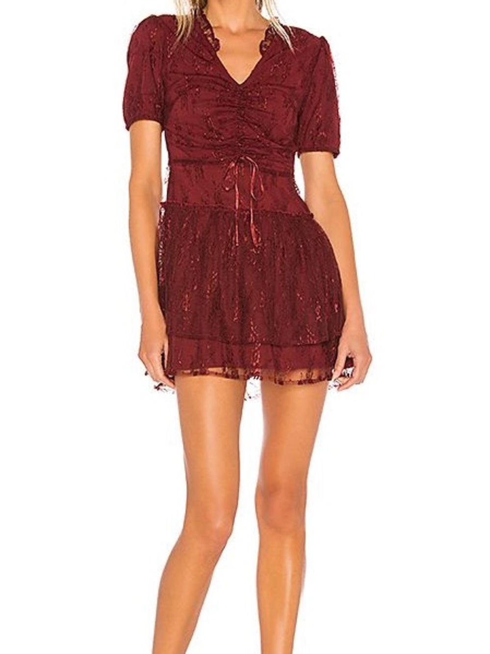 Tularosa Clara lace burgundy fit and flare mini dress